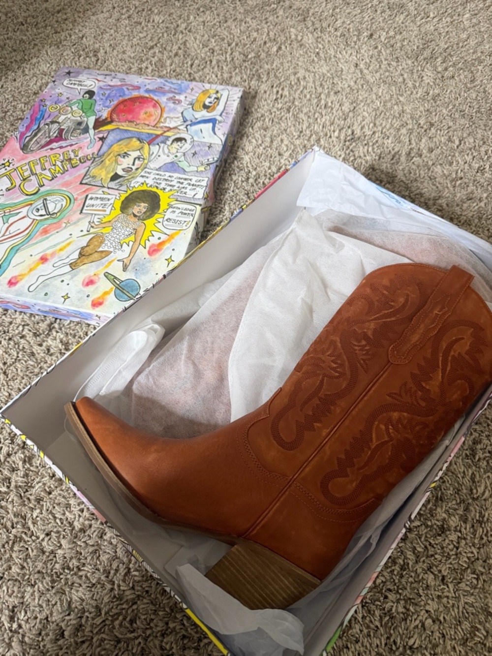 Jeffrey Campbell Rust Tan Embroidered Western Heeled Boot
